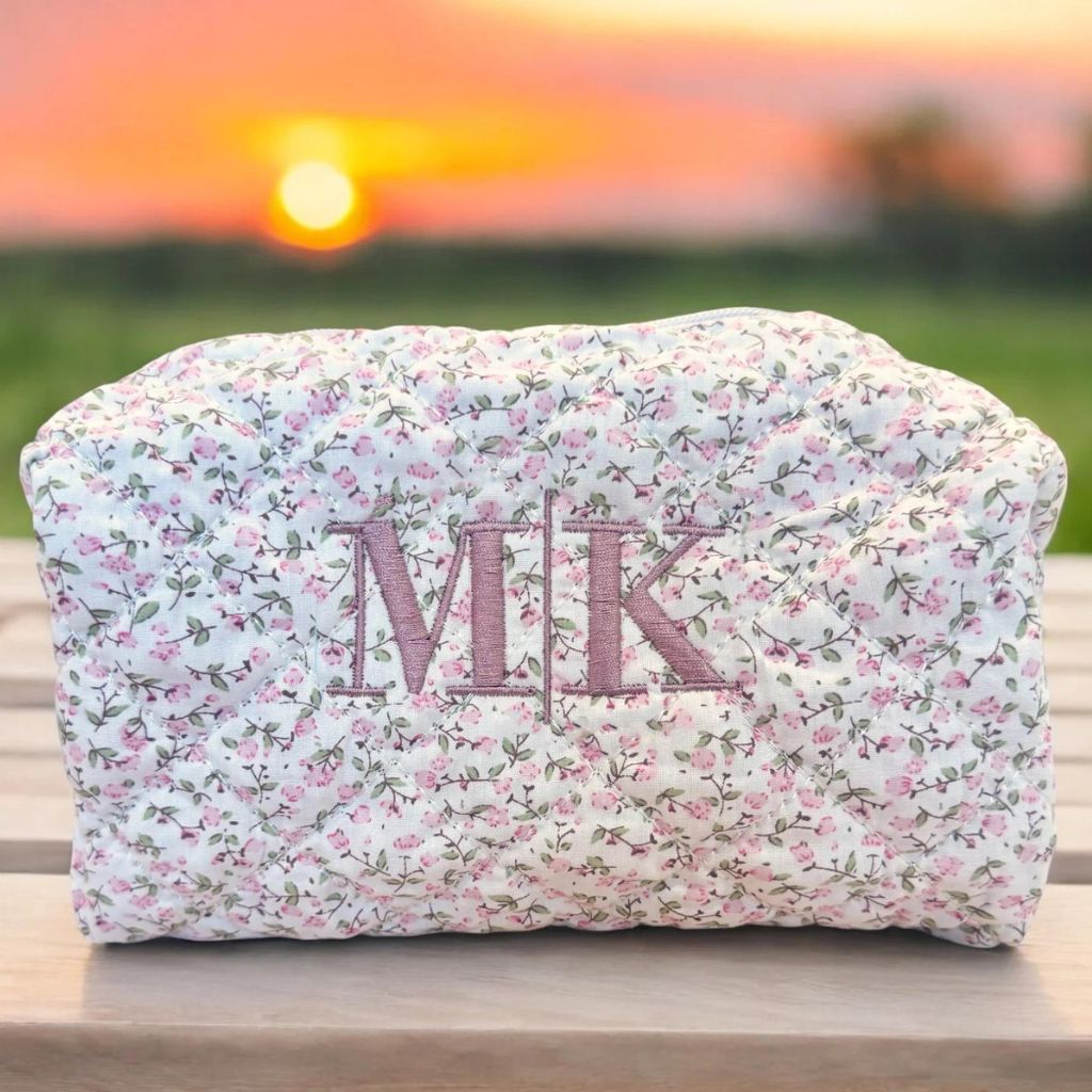 Custom Quilted Makeup Bag, personalized cosmetic bag with a stylish quilted design, perfect for bridesmaid gifts, travel, or everyday use, durable and elegant, available at Melody Faye.