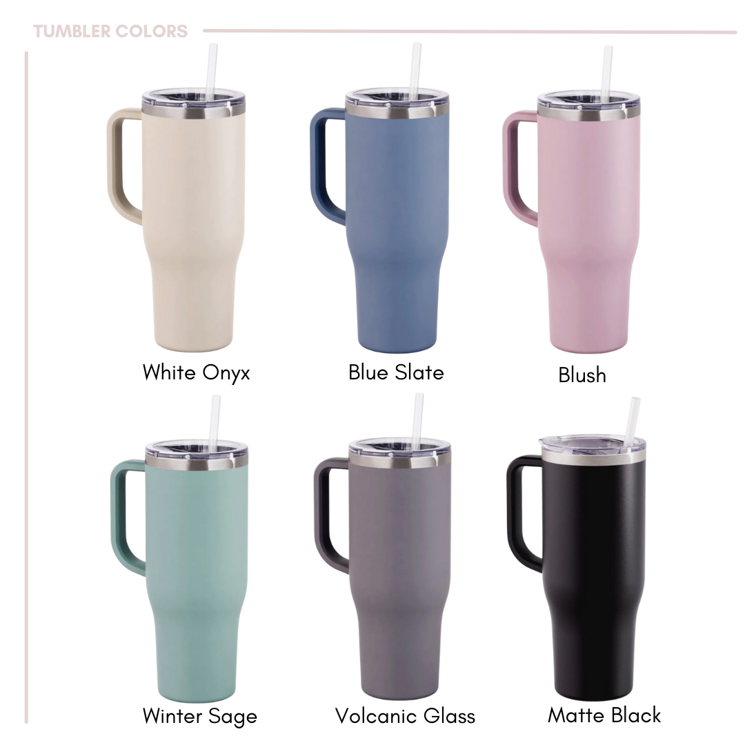 Floral 40 oz Personalized Stainless Steel Tumbler with Handle, custom floral design, perfect for keeping drinks hot or cold, ideal for daily hydration or as a thoughtful gift, available at Melody Faye.