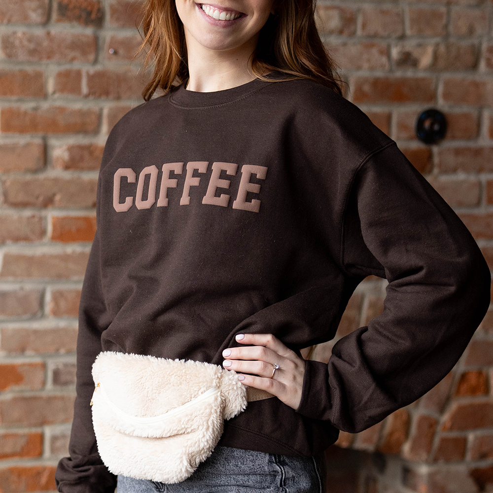 Women&#39;s Coffee Embossed Sweatshirt Puff Text Brown Sweater