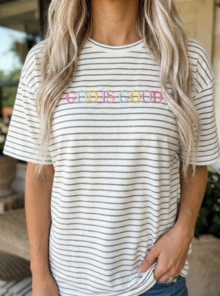 Rainbow God Is Good Embroidered LAT Striped Tee