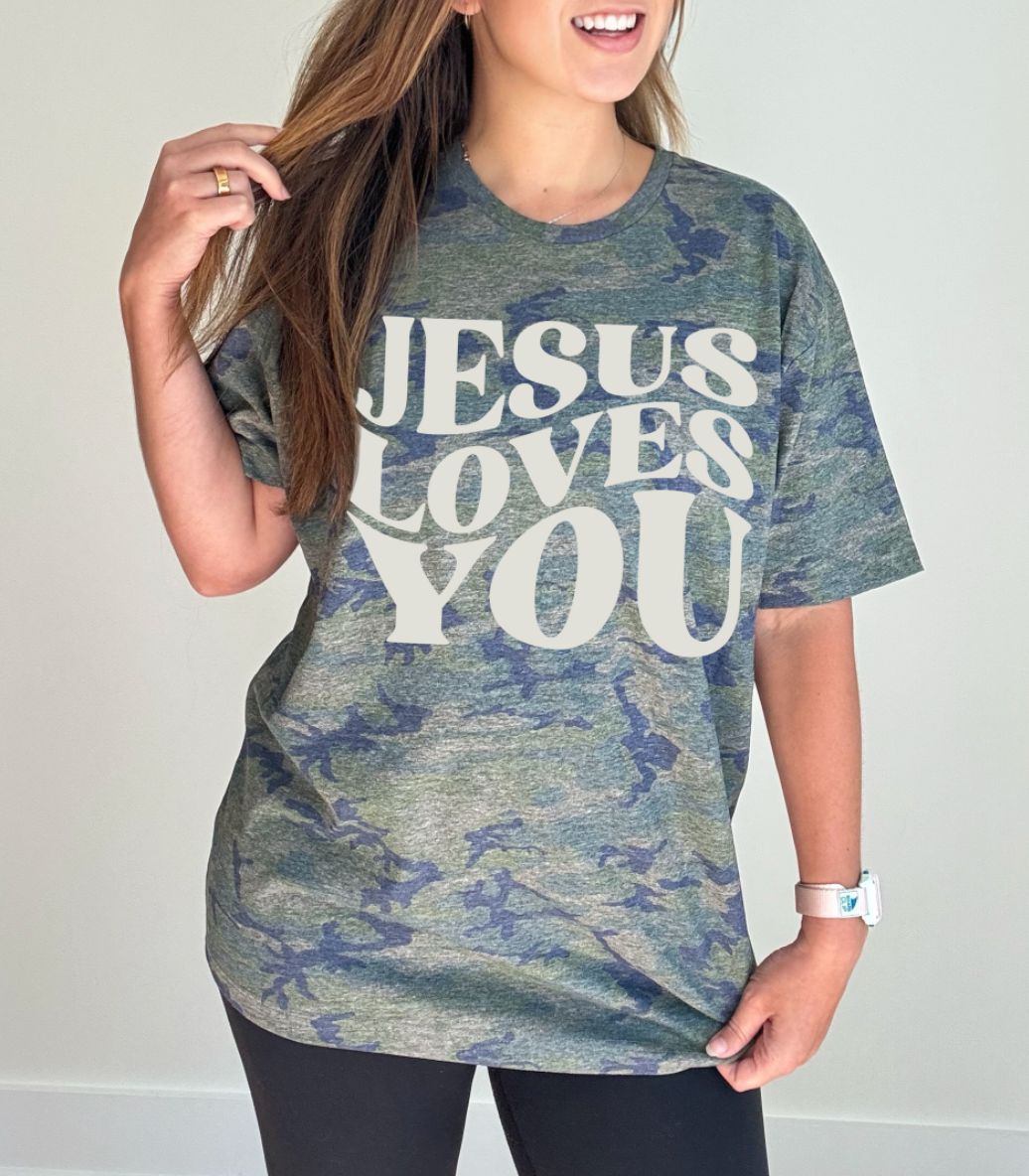 Jesus Loves You Christian Camo T-Shirt for Women