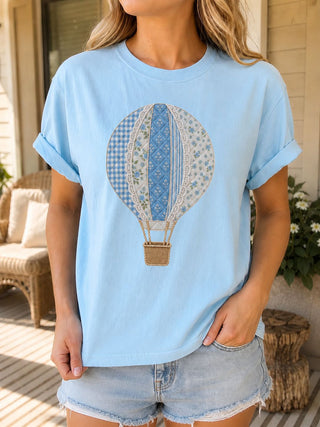 Faux Patchwork Hot Air Balloon Comfort Colors Vintage Tee