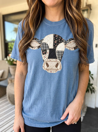 Faux Patchwork Cow Head Comfort Colors Farm Life Tee