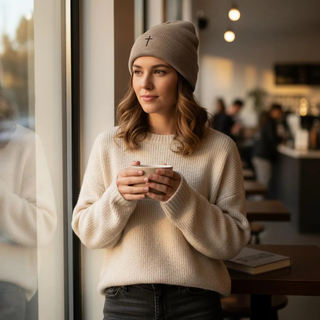 Woman in a cozy setting holding a cup, wearing a beige sweater and beanie.