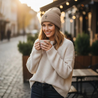 Woman in a beige sweater and knit hat holding a cup outdoors.