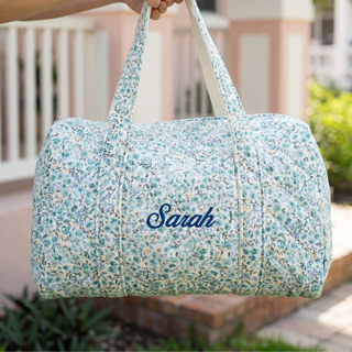 Embroidered Quilted Dusty Blue Blossoms Tote Bag