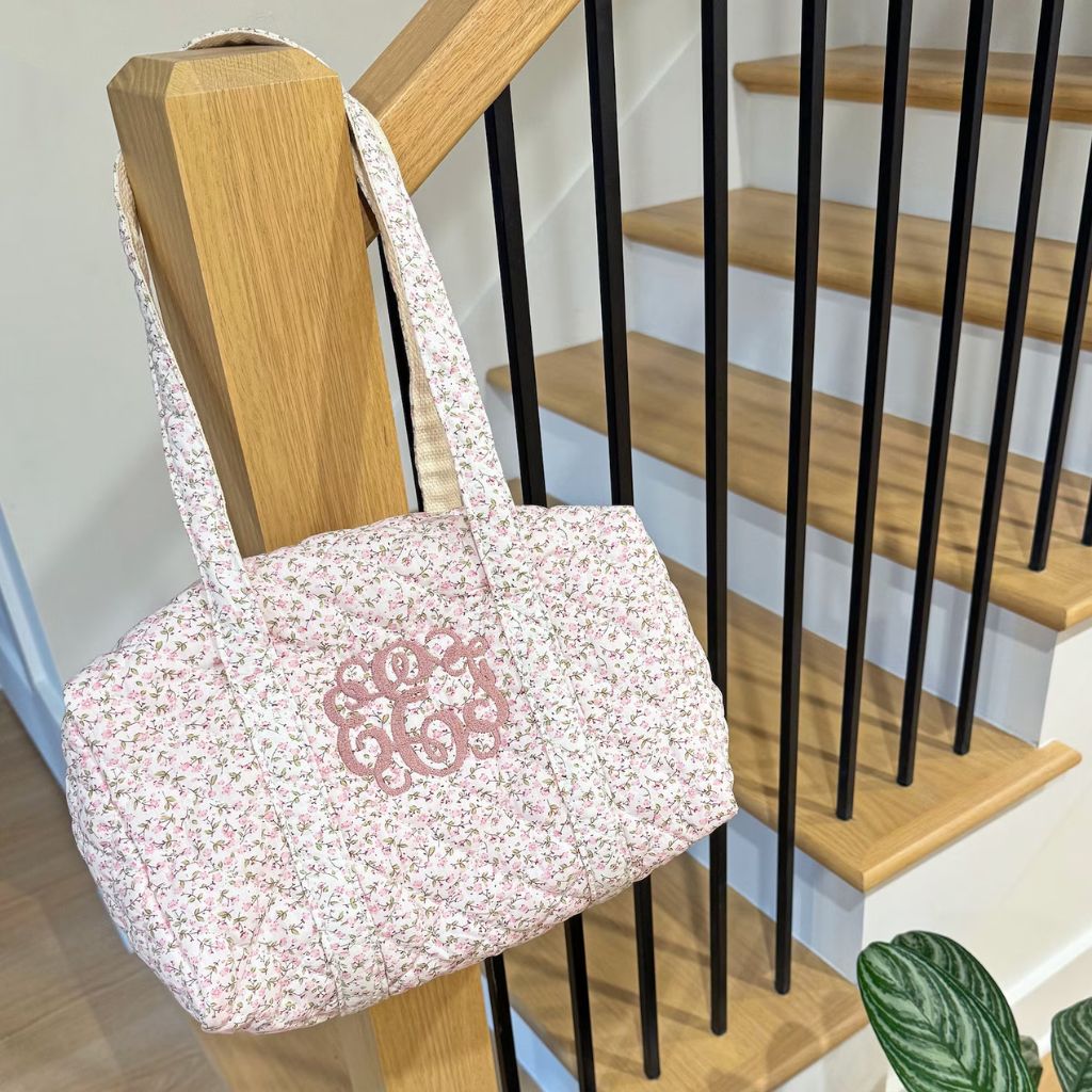 Embroidered Quilted Tote Bag, Monogrammed Duffle Bag with Floral Design, perfect as an overnight bag with a zipper, stylish and functional for travel, gym, or everyday use, available at Melody Faye.