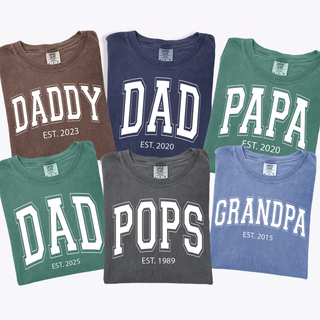 Collection of t-shirts with text like 'DADDY', 'DAD', 'PAPA', 'POPS', and 'GRANDPA' in various colors on a white background.