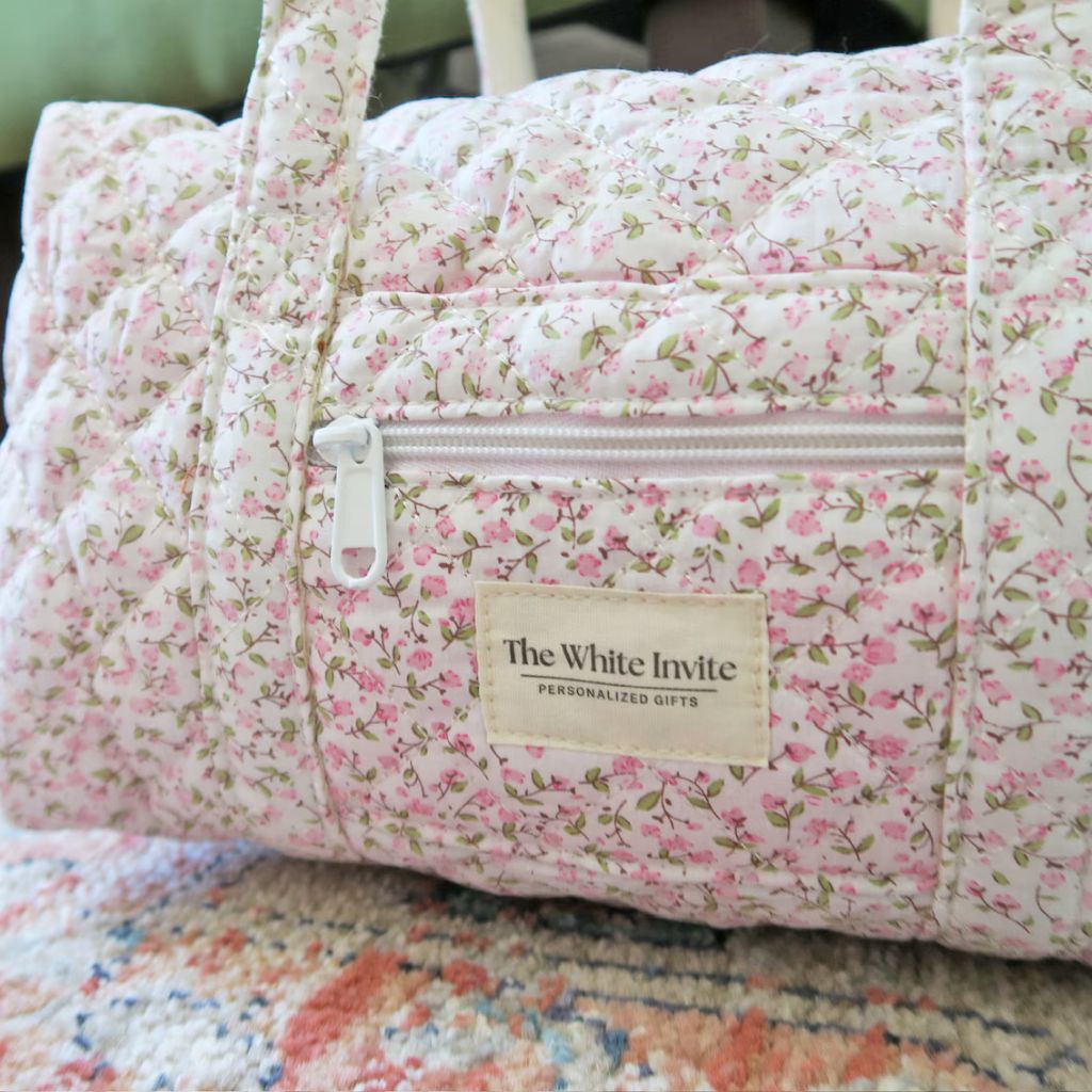 Embroidered Quilted Tote Bag, Monogrammed Duffle Bag Floral, Overnight Bag with Zipper