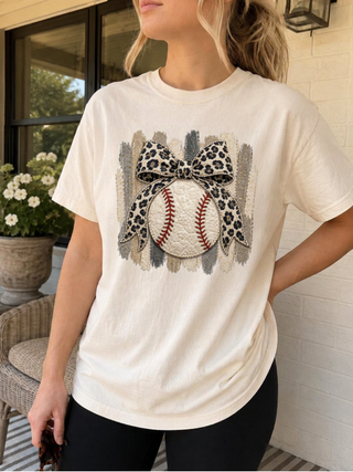 Leopard Bow Baseball Game Day Comfort Colors Tee