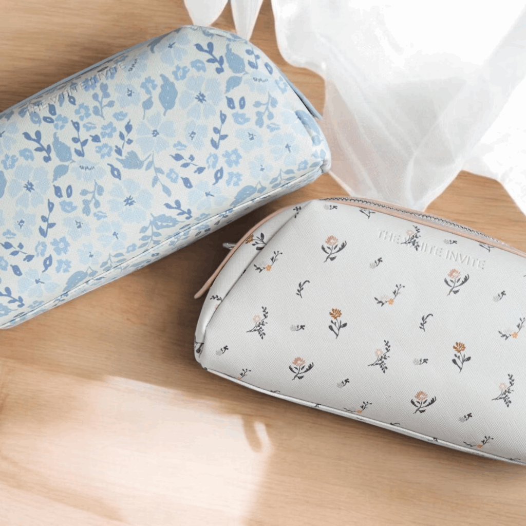 Floral Makeup Bag – Large Cosmetic Pouch for Women, Aesthetic Travel Toiletry Bag, Handmade Skincare Organizer in Blue & Blush