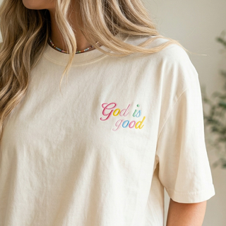 Embroidered God Is Good Rainbow Minimal Christian Comfort Colors Tee