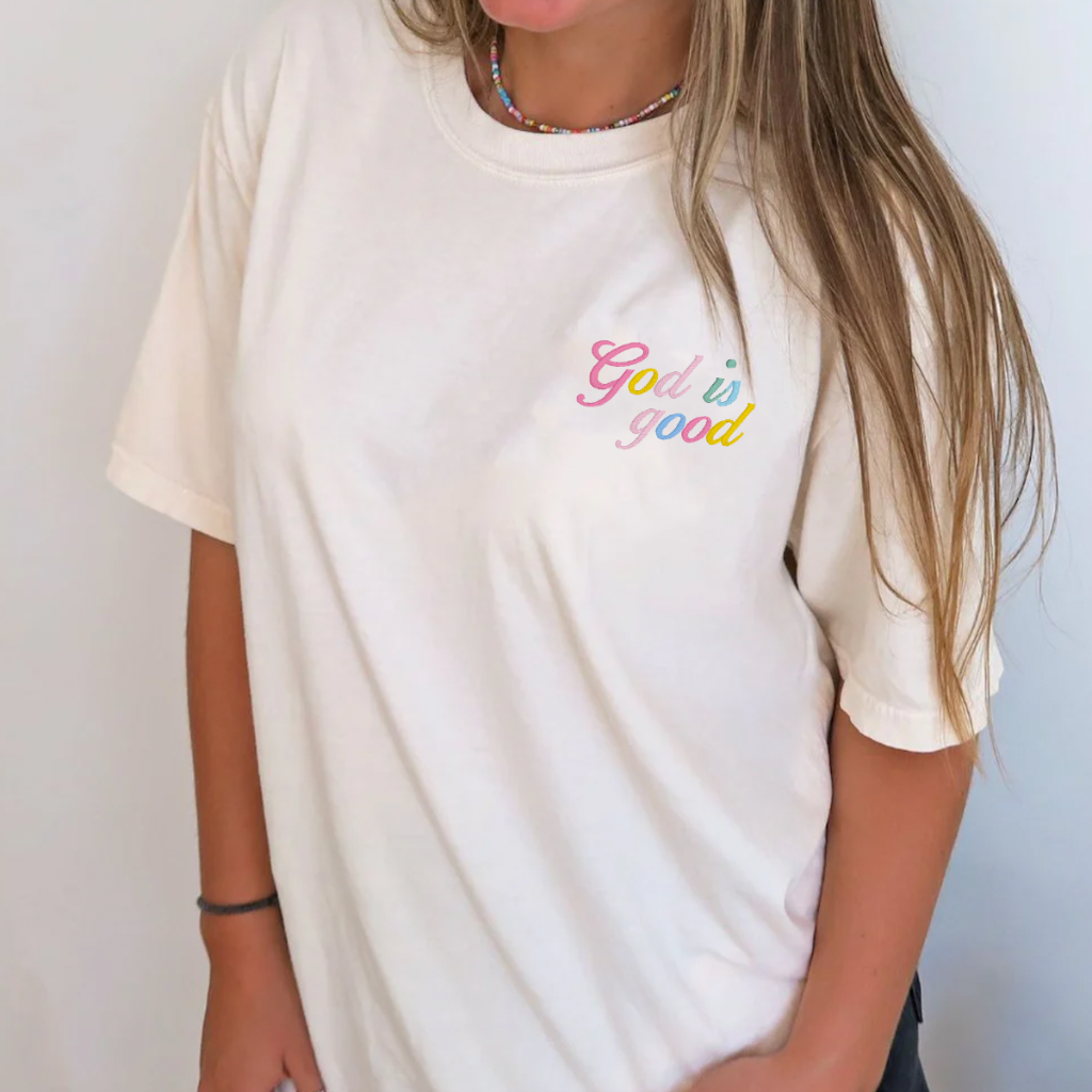 Embroidered God Is Good Rainbow Minimal Christian Comfort Colors Tee