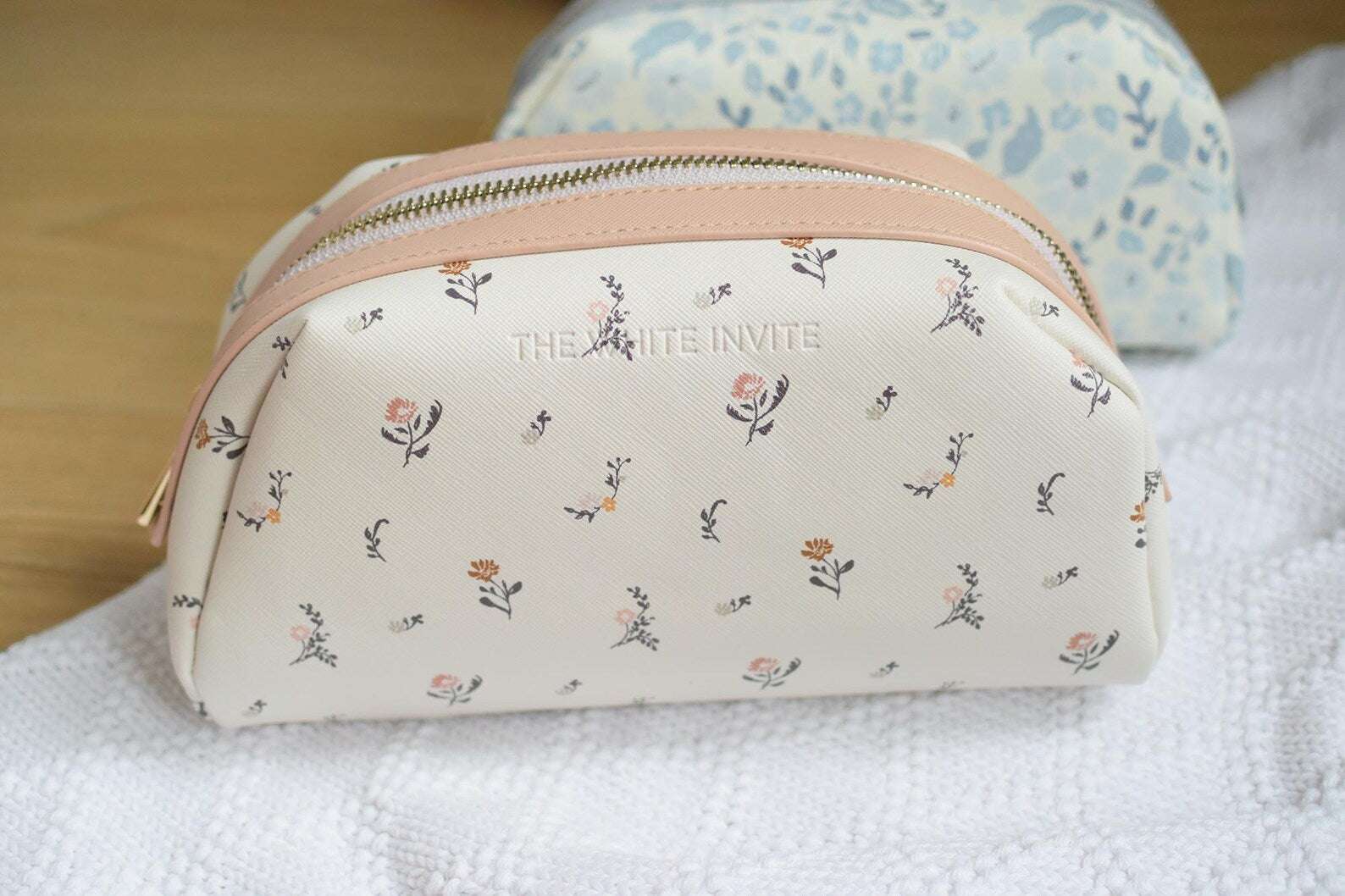 Floral Makeup Bag – Large Cosmetic Pouch for Women, Aesthetic Travel Toiletry Bag, Handmade Skincare Organizer in Blue & Blush