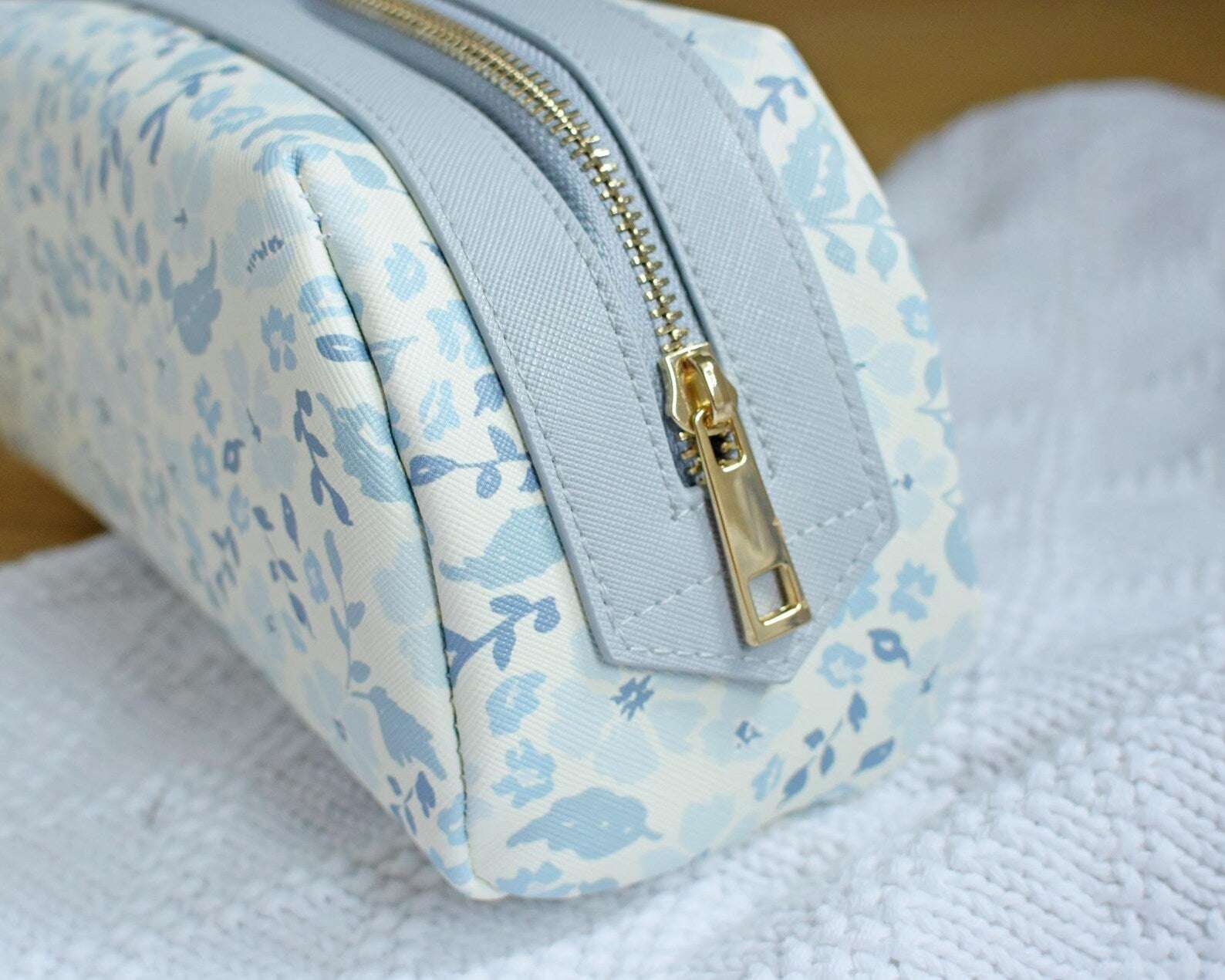 Floral Makeup Bag – Large Cosmetic Pouch for Women, Aesthetic Travel Toiletry Bag, Handmade Skincare Organizer in Blue & Blush