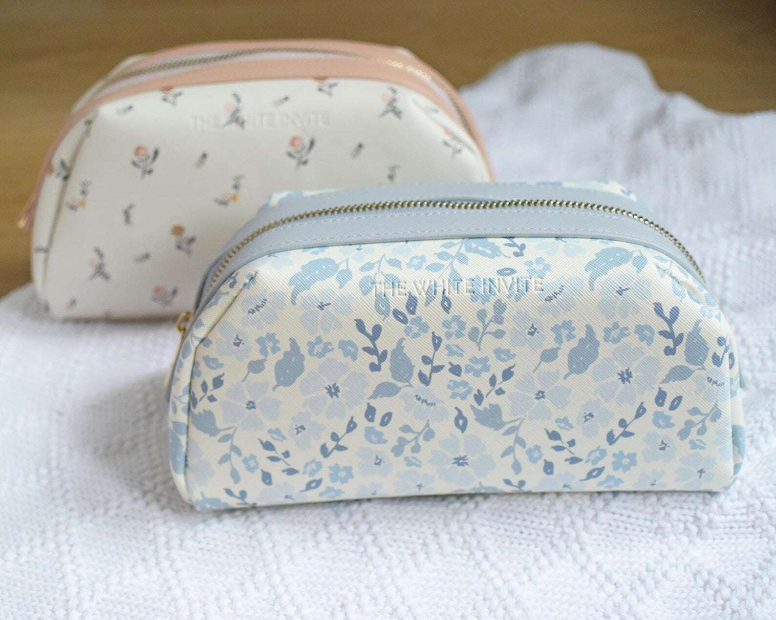 Floral Makeup Bag – Large Cosmetic Pouch for Women, Aesthetic Travel Toiletry Bag, Handmade Skincare Organizer in Blue & Blush