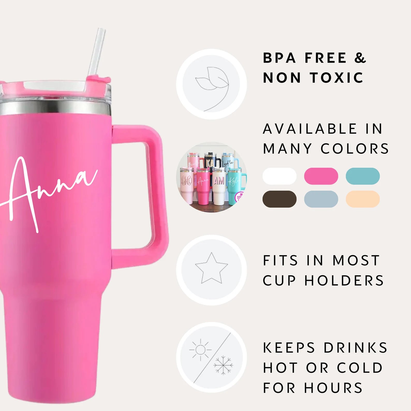 40 oz Tumbler with Handle, personalized with a name or design, and includes a straw. This large, durable tumbler is perfect for keeping drinks at the ideal temperature, featuring a convenient handle and customizable exterior.