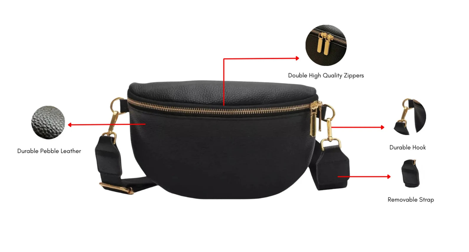 A women's black leather fanny pack crossbody bag, crafted from high-quality pebble leather. This versatile, water-resistant, and lightweight bag can be worn as a crossbody or belt bag and features an adjustable strap. Its compact yet spacious design measures 9.4”x5.9”x3.5”, ideal for daily use or travel. The bag is customizable with optional personalization, adding initials for a unique touch.