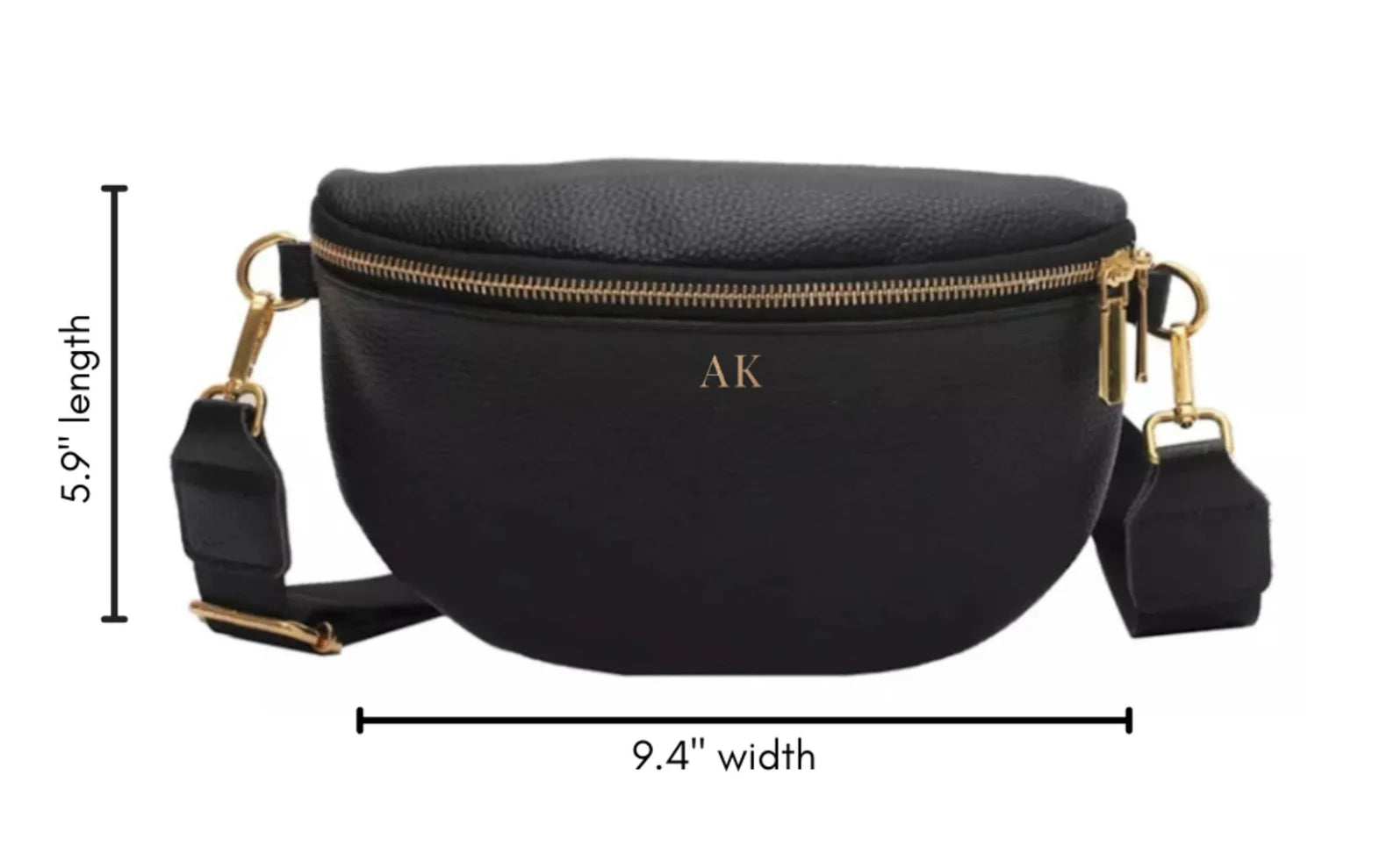 A women's black leather fanny pack crossbody bag, crafted from high-quality pebble leather. This versatile, water-resistant, and lightweight bag can be worn as a crossbody or belt bag and features an adjustable strap. Its compact yet spacious design measures 9.4”x5.9”x3.5”, ideal for daily use or travel. The bag is customizable with optional personalization, adding initials for a unique touch.