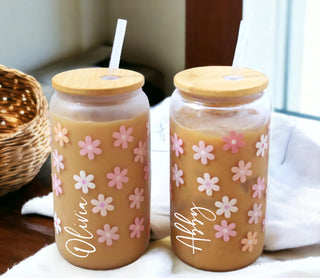 Glass Tumbler Personalized Flower Iced Coffee Cup with Name