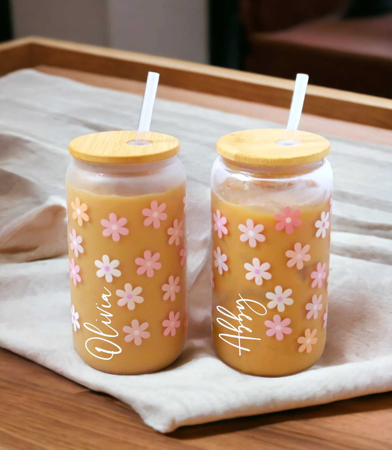 Glass Tumbler Personalized Flower Iced Coffee Cup with Name