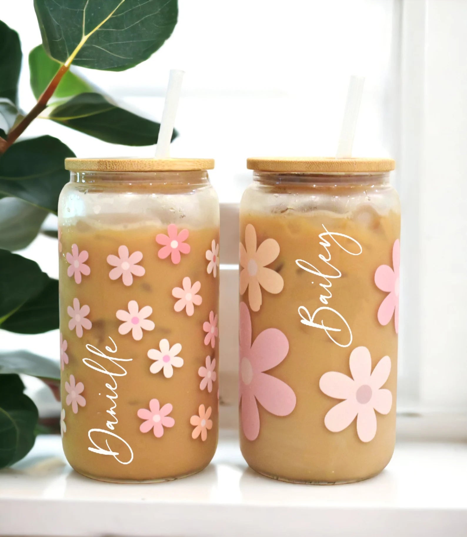 Glass Tumbler Personalized Flower Iced Coffee Cup with Name