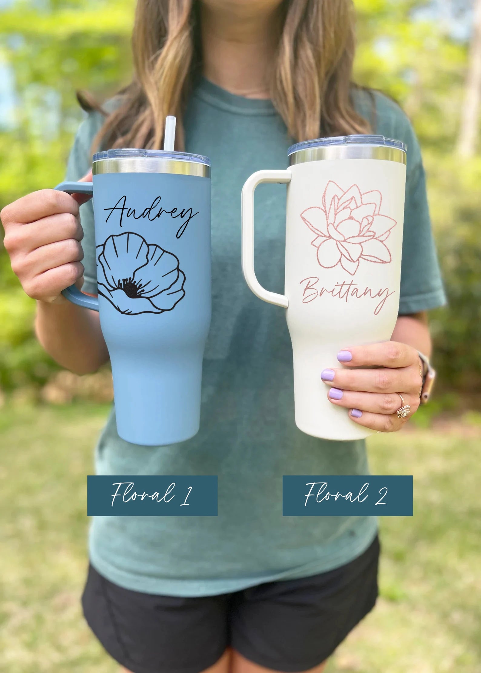 Personalized 40 oz Tumbler with Handle & Straw MAARS Floral Tumbler