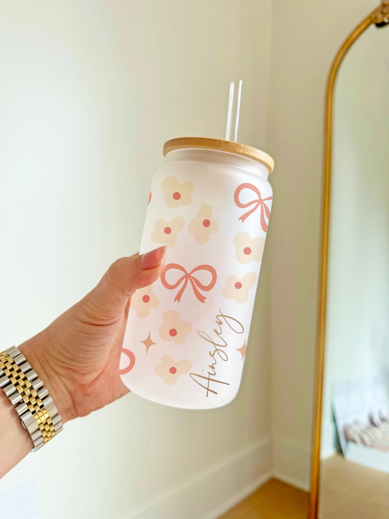 Glass Tumbler Personalized Flower Iced Coffee Cup with Name