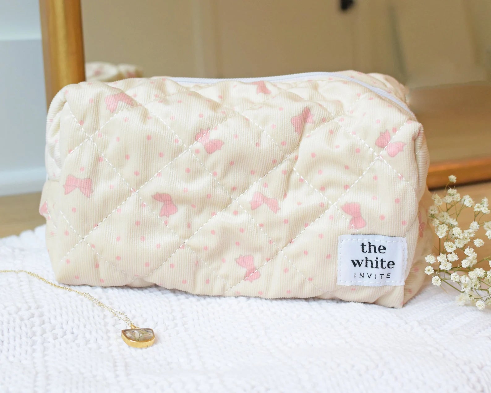 Custom Quilted Makeup Bag, personalized cosmetic bag with a stylish quilted design, perfect for bridesmaid gifts, travel, or everyday use, durable and elegant, available at Melody Faye.