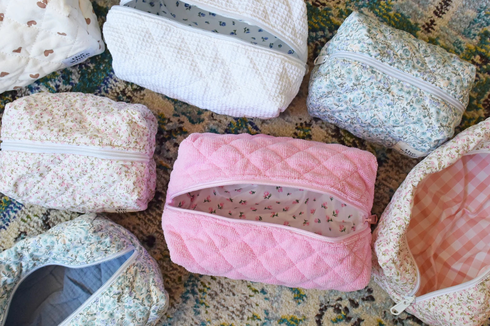 Custom Quilted Makeup Bag, personalized cosmetic bag with a stylish quilted design, perfect for bridesmaid gifts, travel, or everyday use, durable and elegant, available at Melody Faye.