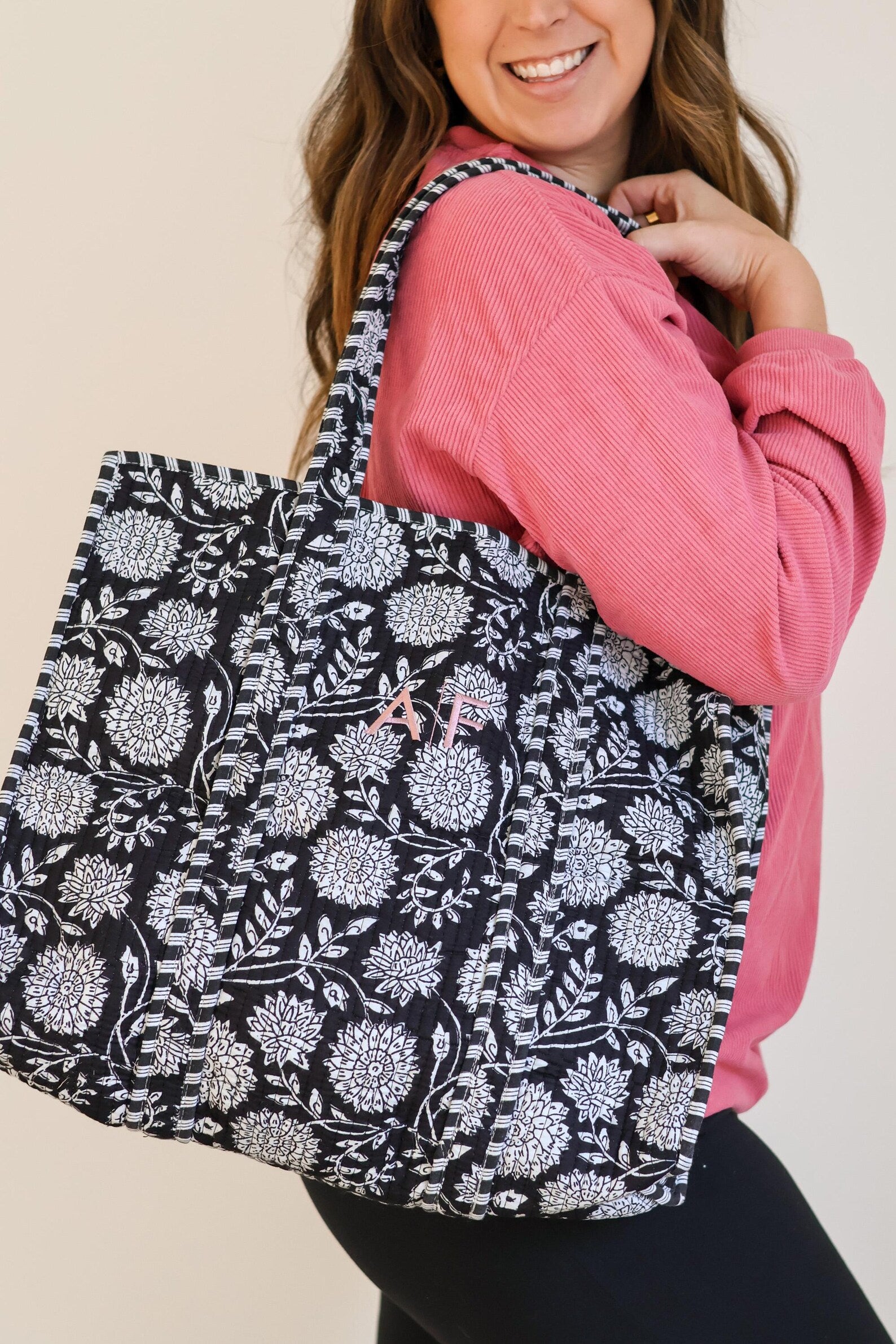 Embroidered Cotton Quilted Bag – Handmade Block Print Tote for Women, Large Boho Travel Shoulder Purse, Floral Weekender Bag for Beach, Work, or Daily Use