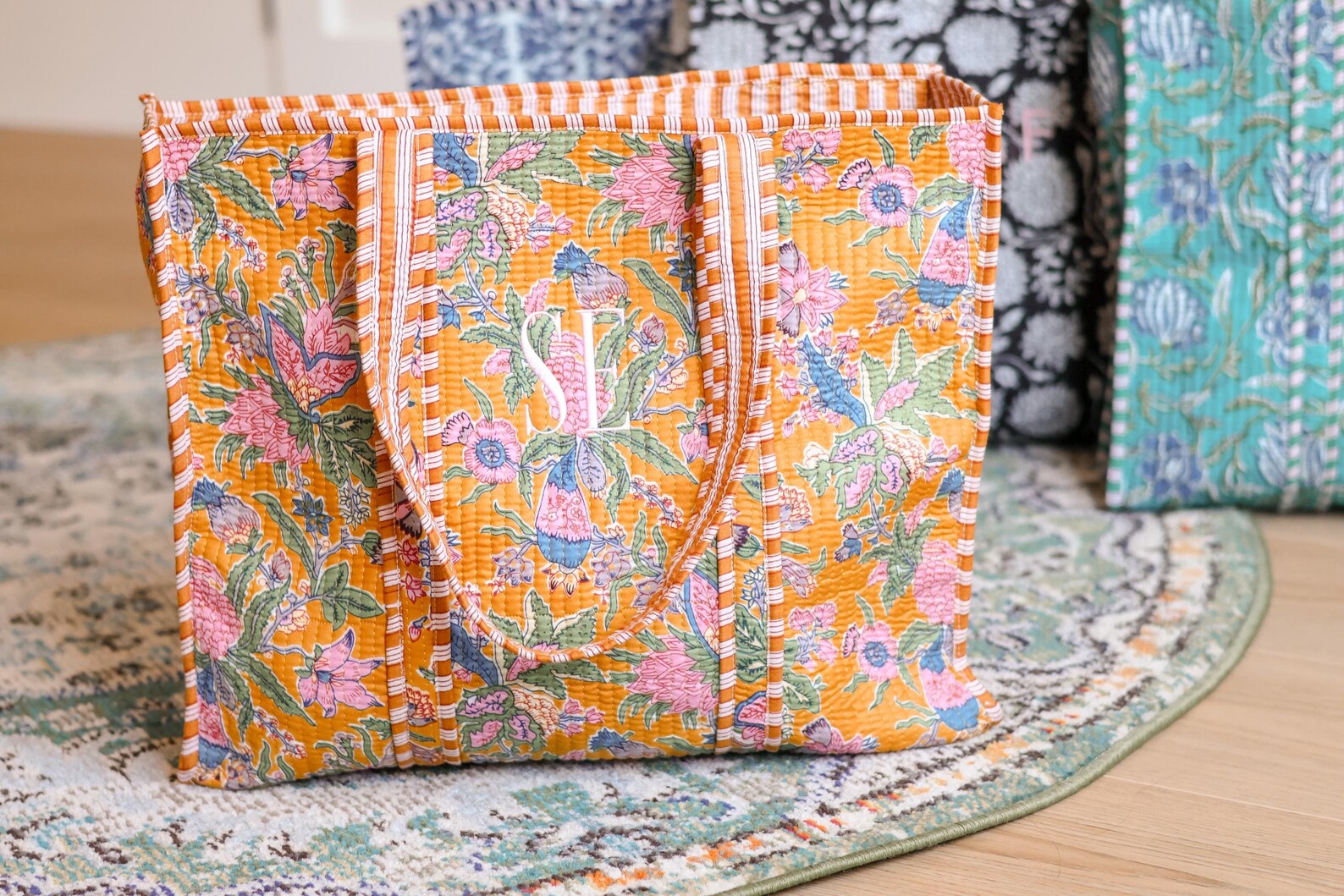 Embroidered Cotton Quilted Bag – Handmade Block Print Tote for Women, Large Boho Travel Shoulder Purse, Floral Weekender Bag for Beach, Work, or Daily Use