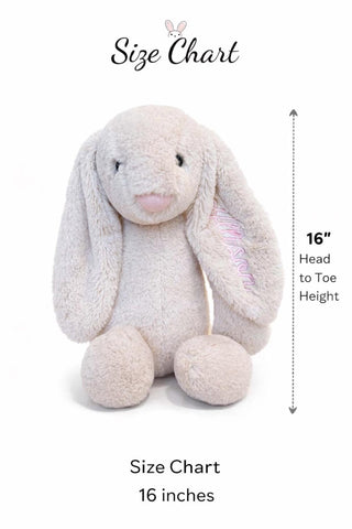 Stuffed bunny toy with size chart indicating 16-inch height on a white background