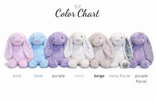 Color chart of plush bunnies in various colors with labels below each.