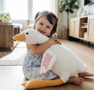 Child holding a large plush goose with 'Josie' on it in a home setting.