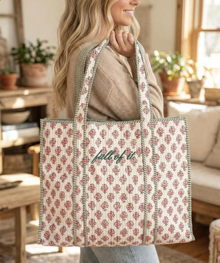 Embroidered Quilted Tote Bag