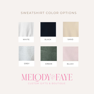 Color swatches for sweatshirt options with 'Melody Faye' branding.