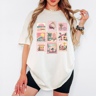 Pink Summer Beach Postcards Graphic Tees for Women – Tropical Style Comfort Colors T-Shirt, Girly and Summertime Inspired Design