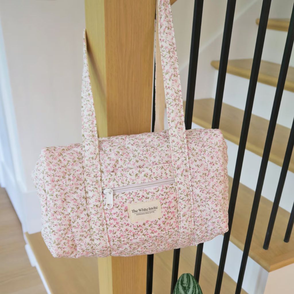 Embroidered Quilted Tote Bag, Monogrammed Duffle Bag with Floral Design, perfect as an overnight bag with a zipper, stylish and functional for travel, gym, or everyday use, available at Melody Faye.