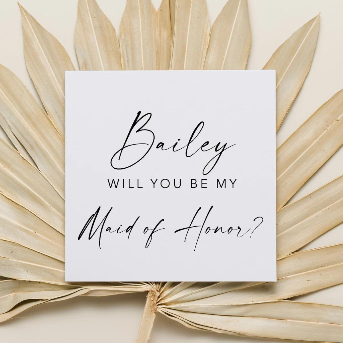 &quot;Will You Be My Bridesmaid?&quot; proposal card featuring classic black font. 