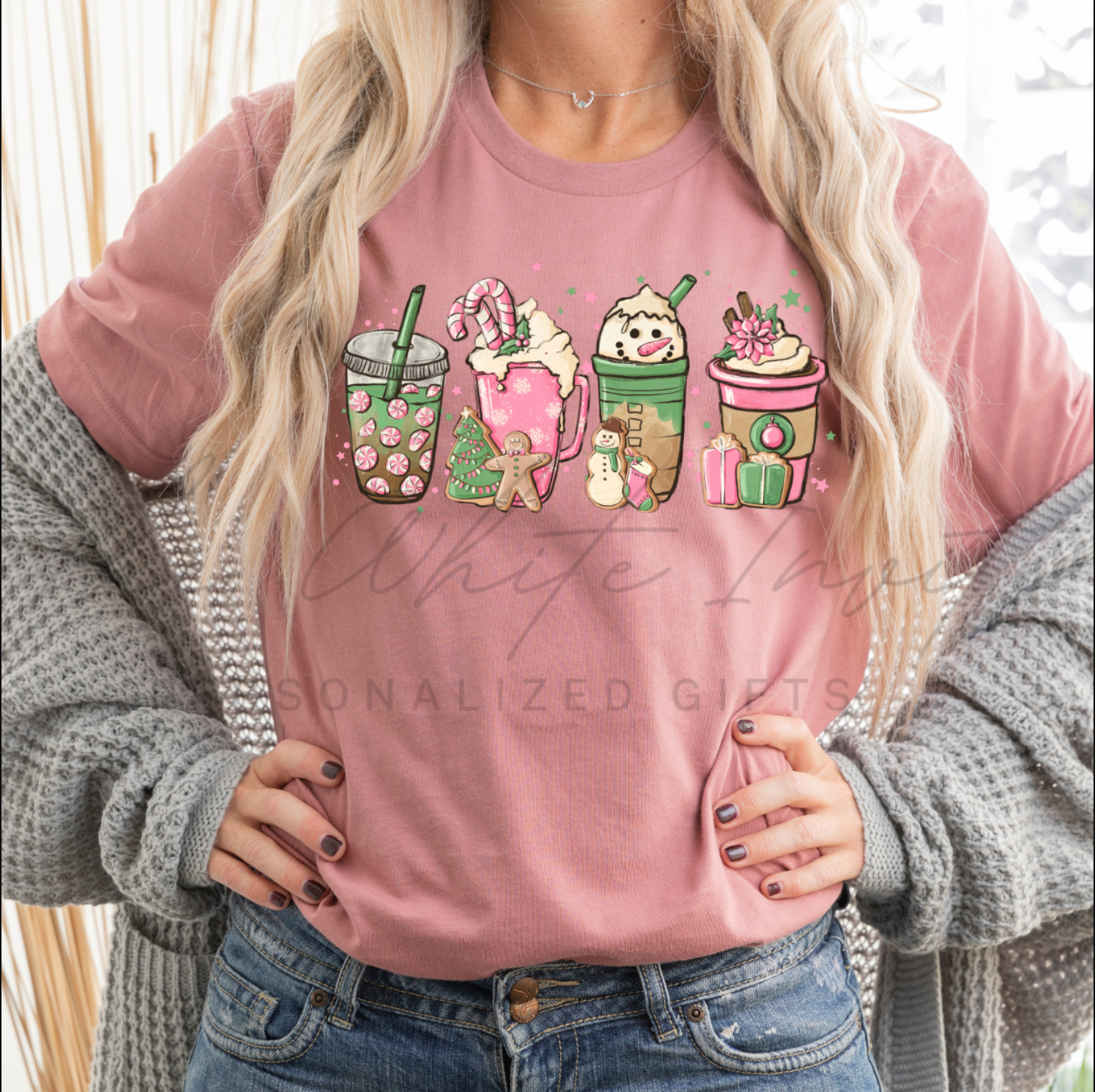 Pink Lattes Christmas Women's Graphic Tee