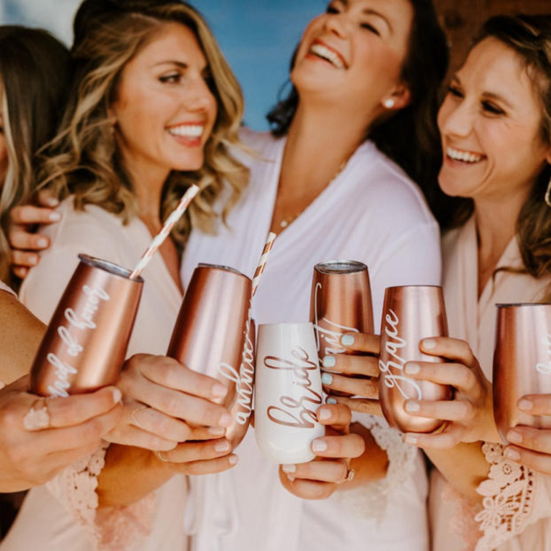 Personalized Champagne glass tumblers. Perfect as bridesmaid gifts, wedding keepsakes, or thoughtful presents for friends.