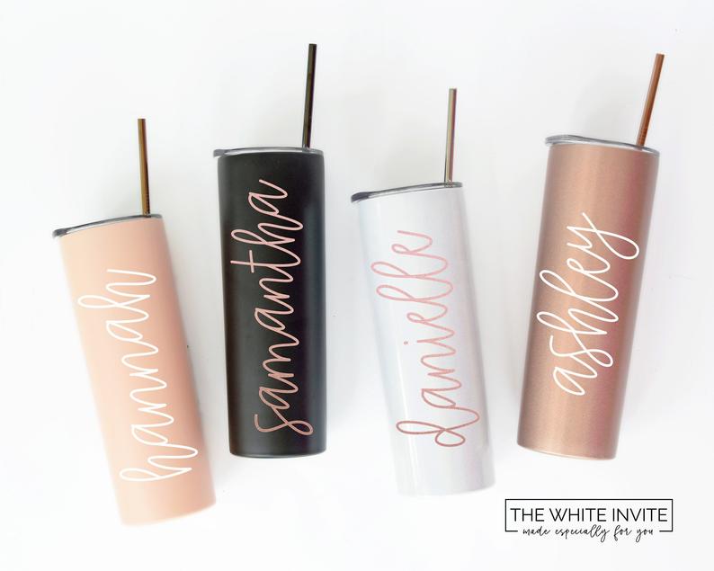 Personalized Skinny Tumbler in Matte Peach Blush or Shimmer White