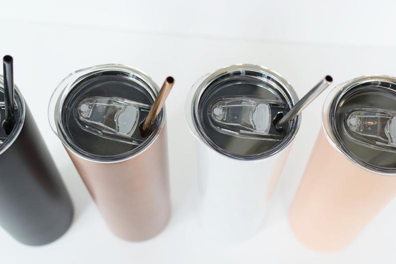 top photo of Personalized Skinny Tumbler in Matte Peach Blush or Shimmer White