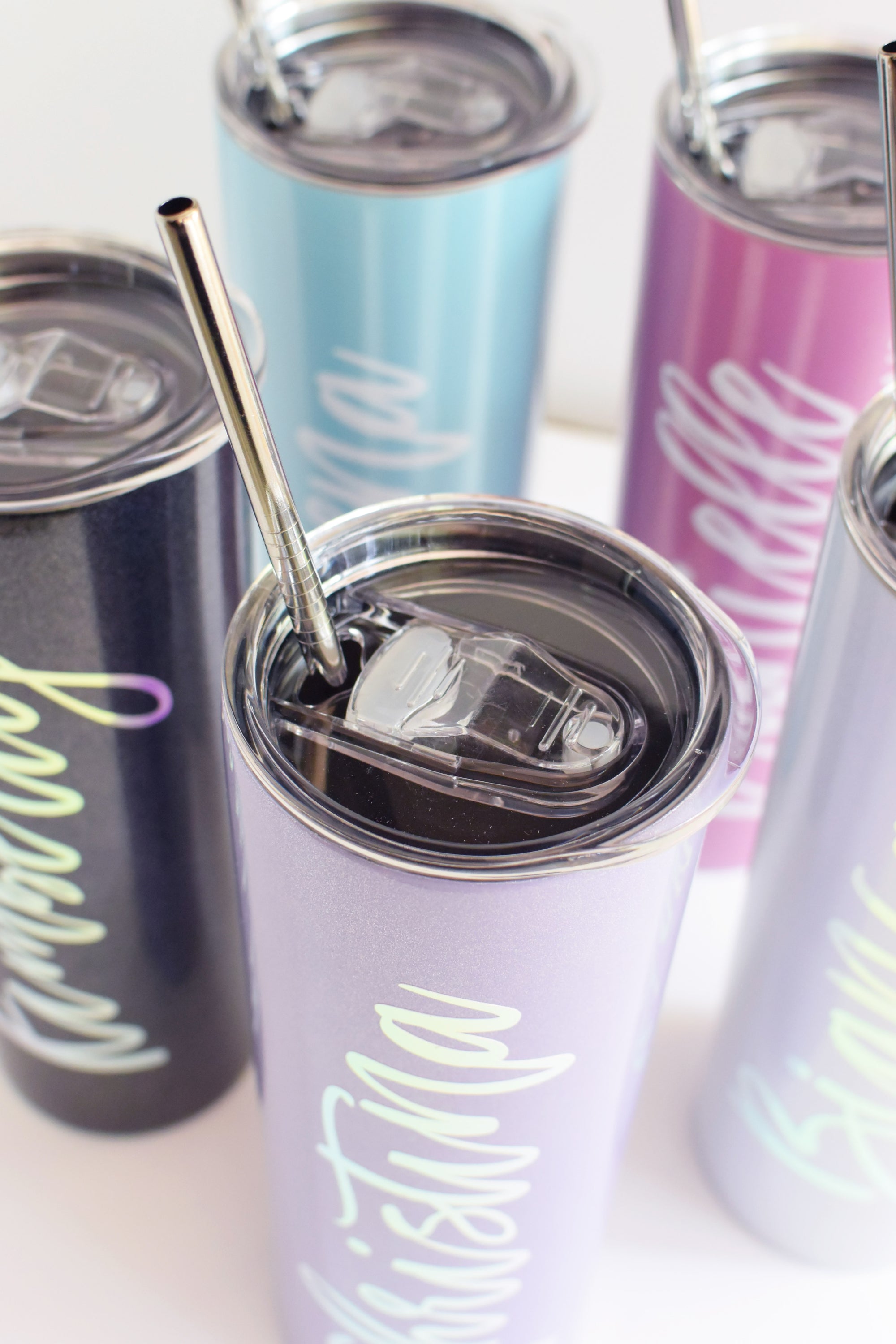 Personalized Glitter Stainless Steel Skinny Tumbler with Straw